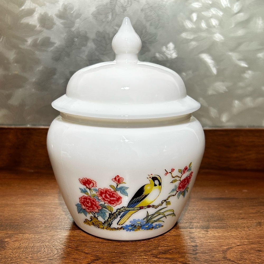 Vintage Avon Bird Jar - Apothecary Milk Glass with Lid